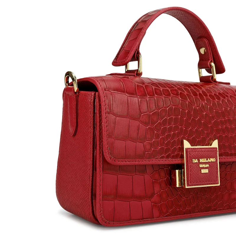 Da Milano Plumberry Small Croco Leather Satchel - Plumberry for Women | Best Price UAE